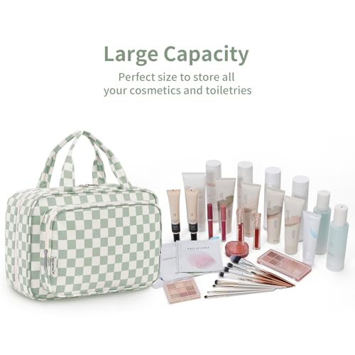Image of Narwey Large Hanging Toiletry Bag Travel Makeup Bag Cosmetic Organizer for Women and Girls, Z-Mint Green Checkerboard, Large