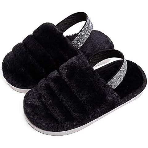 Kids Fluffy Fuzzy Slippers Rainbow Color House Home Slippers for Boys and Girls Faux Fur Slides with Strap Little Kids Slip-on Shoes Cover