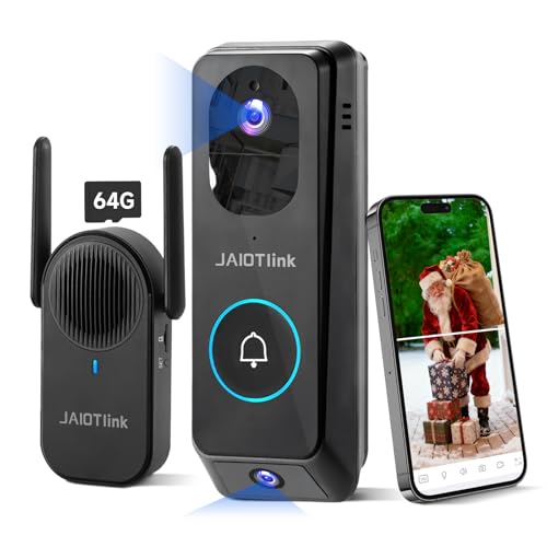 JAIOTlink 2K Dual Lens Video Doorbell Camera Wireless with Chime, Package Protection, 64GB SD Card, Voice Changer, 2-Way Audio, Night Vision, Compatible with Alexa
