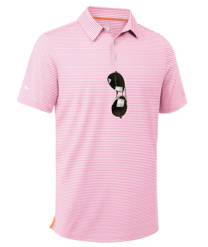 ZITY Men Golf Polo Shirts Short Sleeve Striped UPF 50+ Moisture Wicking Casual Collared Print T-Shirt for Men Pink Striped