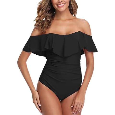 ZINPRETTY Womens Retro One Piece Bathing Suit Tummy Control Off Shoulder Swimsuit Flounce Ruffled Monokini Full Coverage Cover