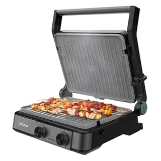 Cecotec Griglia Elettrica con Grill Rock’nGrill 2200 Dual. 2200W, Apertura 180º, Dual Temp, Rivestimento Antiaderente RockStone, Piastre Reversibili, Raccogli Grassi, Indicatore Luminoso, 29x23cm