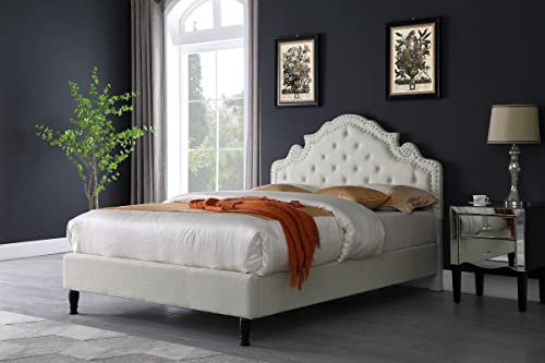 Queen Upholstered Platform Bed Frame With 51" Tall Headboard- Button Tufted Cloth Bed - Wood Slat Support With Storage Space - No Box Spring Needed- Easy Assembly - Light Beige- Oliver & Smith Madison #TOP2