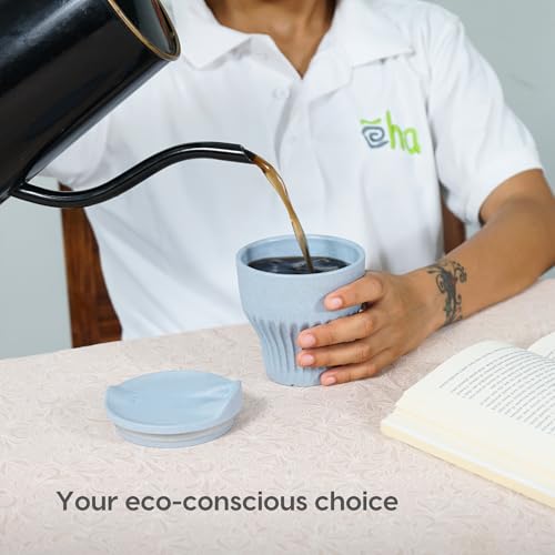Image of Eha Earth Friendly Rafter Coffee Mug with Lid | Tea Cup Set | 250 ml | Made with Rice Husk | Microwave Safe Mugs for Gifting | 2 Unit | Azure