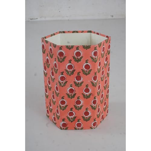 Image of Floral Hand Block Printed 3.3 Gallon Decorative Waste Basket - Eco-Friendly Cardboard Trash Can, Plastic-Free & Sustainable, Perfect for Christmas and Housewarming Gifts (1, FLOWAR RED)