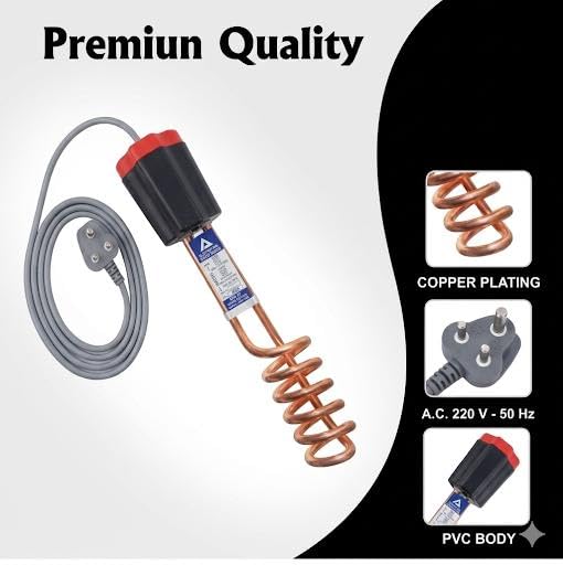 Image of Immersion water heater 1500W|100% shock proof body|Heavy copper element|With Bucket clip| ISI certified| Pin Moulded Plug|Waterproof |Heating for Buckets,Bath,Kitchen & Home Use
