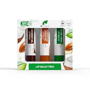 Set de Bálsamos Labiales Dr Organic, SPF 15, Multipack Variado con Aloe Vera, Aceite de Argán, Aceite de Coco, Natural, Libre de Crueldad, Sin Parabenos ni SLS, Orgánico, 5.7ml.