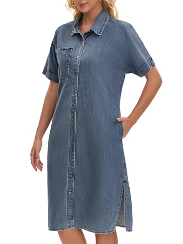 Image of Women's Midi Denim Dress Summer Short Sleeve Button Down Casual Loose Long Tunic Jean Shirt Dress