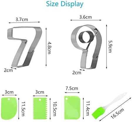 Number Cookie Cutters, LOOPES 10pcs Stainless Steel Biscuit Moulds 0-9 Numbers Metal DIY Non-Stick Cutters with 3pcs Dough Scrapers and a Brush for Baking (Silver A)