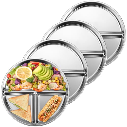 Image of Wensdr Set of 4 Stainless Steel Kids Plates, Portion Control Platter with 3-Compartment, Unbreakable Dinner Plates, Divided Food Tray Stainless Steel Plate for Adults Kids, Camping, Lunch and Dinner