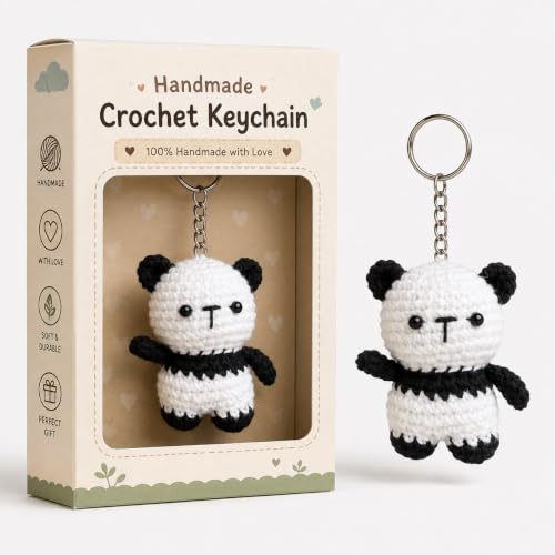 Image of Handmade Crochet Keychain | Cute Knitted Key Ring Charm | Crochet Animal, Fruit, Flower, Evil Eye & Food Plush Keychain for Car Keys, Backpack, Handbag & Gift (Pack of 1) (Panda)