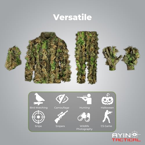 AYIN Ghillie Suit For Men, Hunting Suits 3D Leaf Bush Gillie Suit Camo Turkey Hunting, Hooded Gillies Camo Hunting Suits (SM/MD, Green Leaf)