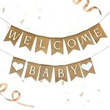 Pre-Strung Baby Shower Backdrop - No DIY Neutral Baby Shower Decorations - Cute Gender Reveal Welcome Baby Banner - Durable Burlap Banner - Elegant Baby Decorations For Baby Shower - 8.7 ft