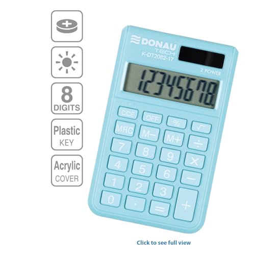 Donau TECH Taschenrechner / 8-Stellig Wurzelfunktion/ 9,7 x 6 x 1 cm/Blau/Rechner mit 8-stelliger Anzeige/Dual-Power Solar - Batteriebetrieb/Kompaktes Design