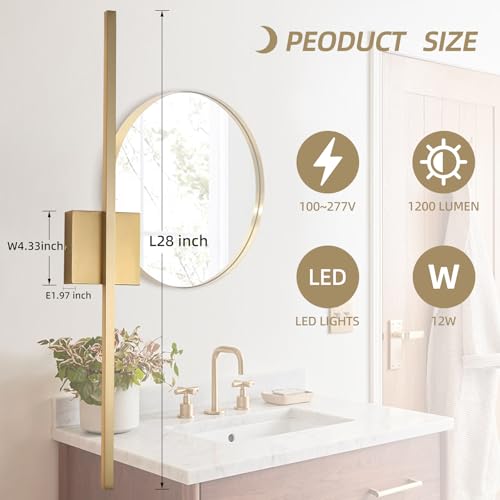 Image of Wall Sconces Set of Two,LED Hardwired Dimmable Wall Sconce,Gold Wall Sconce for Bathroom, Living Room, Bedroom, Hardwired 3000K 28 Inch (2 Pack)