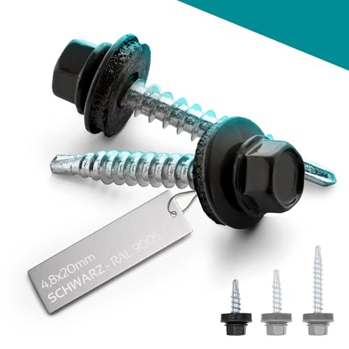 VOOXA 200 tornillos autoperforantes de chapa trapezoidal, 4,8 x 20, con arandela de sellado EPDM, acero galvanizado RAL9005, negro, cabeza hexagonal SW8