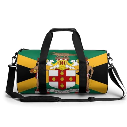 Bolsa de gimnasio grande y divertida con la bandera de Jamaica y escudo de armas, novedosa, ligera, deportiva, bolsa de viaje, bolsa de equipaje de mano, 17.5 x 9 x 9 pulgadas