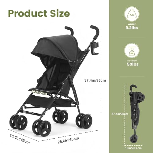 Image of One-Handed Folding Lightweight Stroller, Large Storage Basket, Canopy, Cup Holder, Compact Umbrella Stroller Durable Frame, 3-36M Travel Stroller for Airplane Ultra Overhead Friendly (Black)
