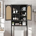 FiveWillowise Rattan Toilet Storage Cabinet, Over The Rack Wood Cabinet with Metal Stand, Bathroom Organizer with Adjustable Shelf, Tall Freestanding Washer Shelf, Small Cupboard, Black - Image 4