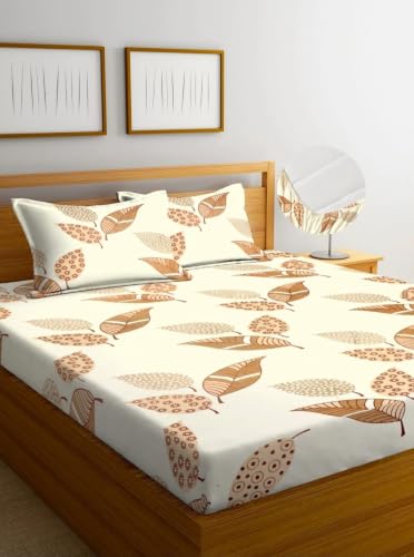 Image of NEW LEAF Premium Cotton Elastic Fitted Bedsheets with 2 King Size Pillow Covers | Double Bed with All Around Elastic 180 TC Supersoft | Size - 72 King Sizex78+10 inches | Autumn Leaves
