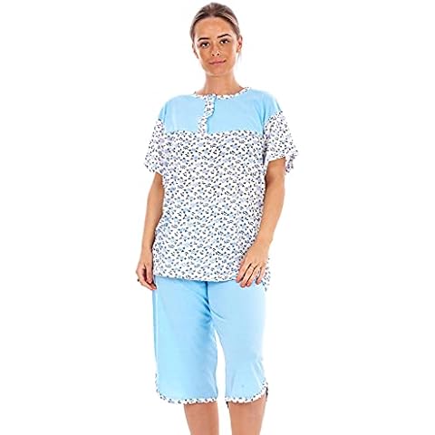 Malay Plus Women Capri Pyjama Set Short Floral Print Crew Neck Cropped Cotton Big PJs Blue Cover