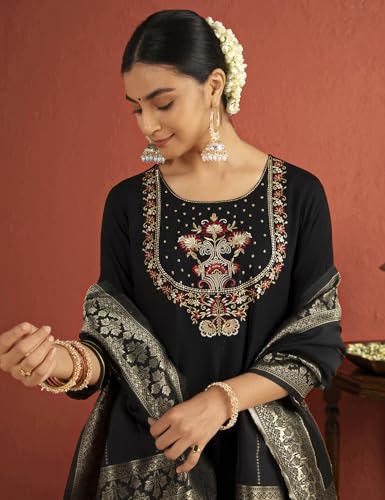 Image of Kaari Women's Embroidered Kurta Set with Dupatta - Festive Kurta Set for Women Polyester Blend