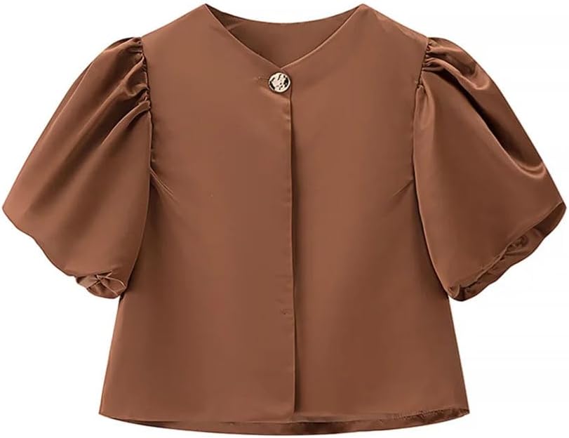 Women's Puff Sleeve Round Neck Button-Decorated Top