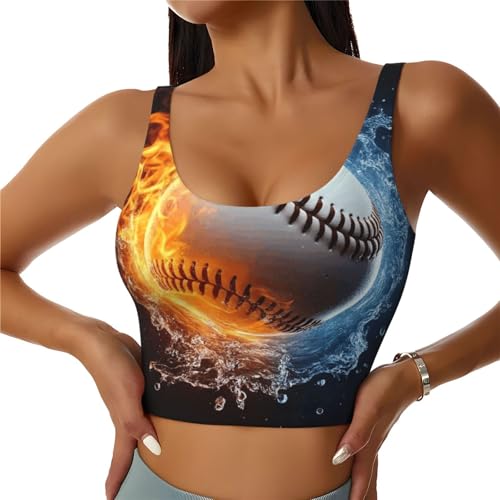 Premium Quality Workout Running Sports Bra for Women, Full Coverage Yoga Crop Tank Tops, Ice Water Fire Baseball Ball Bra Tank Top