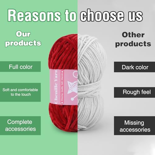 Image of LUNARM Chenille Yarn for Crochet Knitting Chunky Blanket Velvet Yarn | 3 Pack 3.5oz /100g 486 Yard Bright Red Chenille Yarn for Beginners Knitting Scarves with Big Eye Needles Machine Washable
