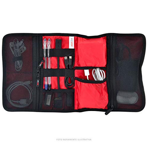 ESTOJO ORGANIZADOR PARA CABOS MULTIUSO PRETO COM VERMELHO TRAVELTECH - TK-1 - PCYES