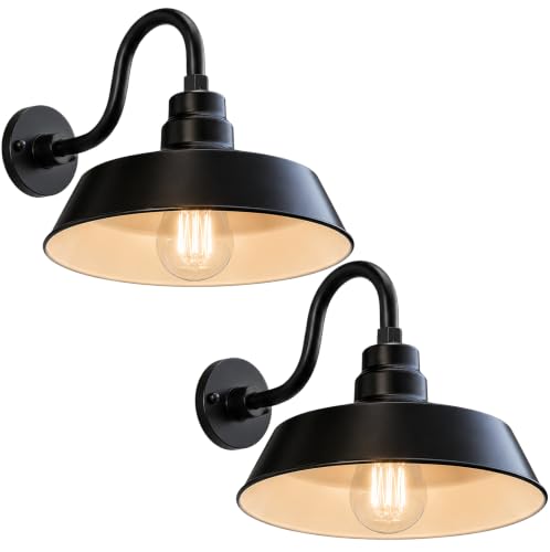 Image of 14in. Satin Black Outdoor Gooseneck Barn Light Fixture With 10in. Long Extension Arm - Wall Sconce Farmhouse, Antique Style - UL Listed - 9W 900lm A19 LED Bulb (5000K Cool White) - 2-Pack