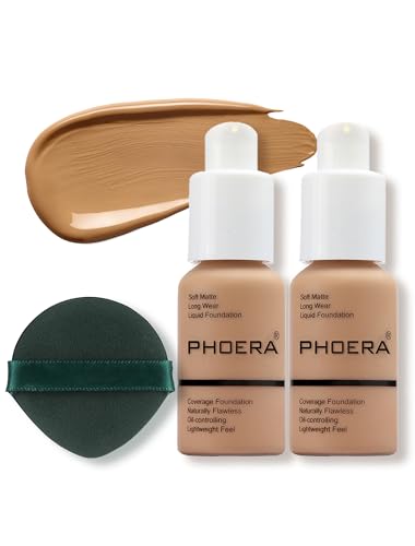 PHOERA Foundation, Full Coverage Foundation, Concealer Foundation Full Coverage Flawless Cream Glatte, langanhaltende Neu 30ml PHOERA 24HR Matte Oil Control Concealer (2 Stück 105)