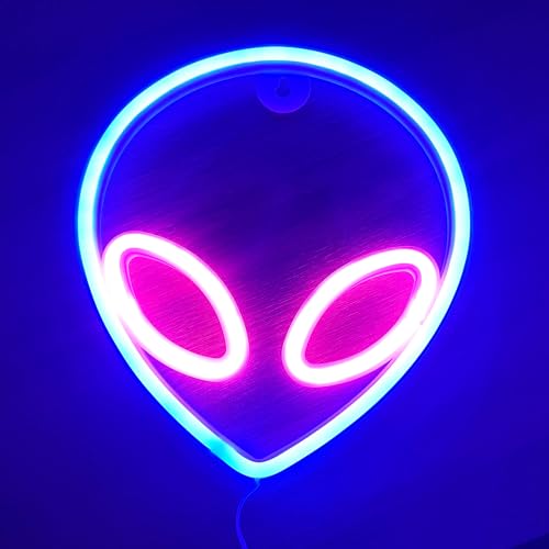 Image of Alien Neon Sign Blue and Pink Alien Light, Alien LED Sign Alien Head Lamp Gifts USB /Battery Powered Neon Sign for Man Cave Game Room Teen Bedroom, Party Decorations for Halloween, Christmas