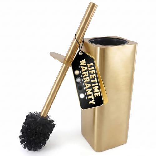 Gold Toilet Brush and Holder Set - Instantly Elevate Your Bathroom Style - Stainless Steel Toilet Bowl Brush and Holder with 2 Rounded Corners Replaceable Head Removable Inner Bowl & Splash Guard