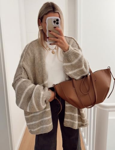 Mywinway Striped Cardigan Sweaters for Women Fall Open Front Lantern Long Sleeve Knit Chunky Loose Lightweight Sweater3