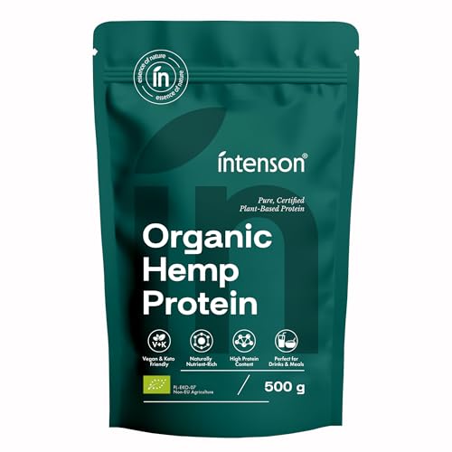 Intenson Proteine di Canapa Bio, 500 g, Biologico Certificato UE, Alto Contenuto Proteico, Supporta il Mantenimento e la Rigenerazione Muscolare, Vegano, Senza Glutine, Senza Additivi, Senza Lattosio