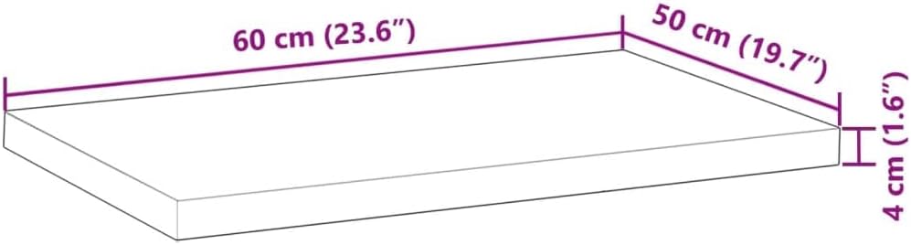 Diagram showing the dimensions of the countertop: 60 cm length, 50 cm width, and 4 cm thickness.