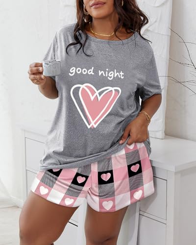 Plus Size Womens 2 Pieces Short Sleeve Letter Print T Shirt and Shorts Cute Heart Print Causal Set For Daily