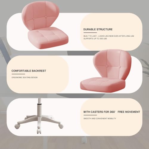Image of Small Office Chair with Lumbar Support, PU Leather Armless Swivel Desk Chair Adjustable Height, Compact Rolling Chair for Home Office, Bedroom, Study (Pink)