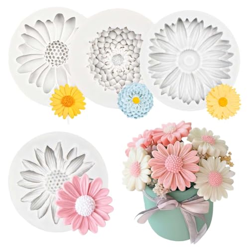 GHPKOTW 4 Silikonformen, Sonnenblumen Gänseblümchen Blumen Formen, 3D Kerzen Silikonformen, Kerzen Gießformen, DIY Kerzen Seife Herstellung, Blumen Kerzenformen Zum Gießen