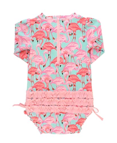Image of RuffleButts Baby Girls UPF 50+ Sun Protection Floral Printed Long Sleeve One Piece Rash Guard Swimsuit with Zipper