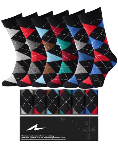 Image of Niorasen Men's Bamboo Rayon Dress Socks, 6 Pairs, Mid Calf | 90% bamboo rayon socks with breathable fabric and reinforced heel and toe; classic solid style for business and daily wear.