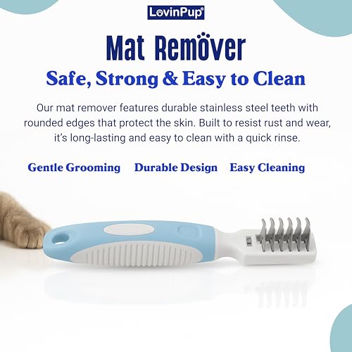 LOVINPUP Pet Mat Remover – Professional Dematting Comb for Dogs and Cats – Stainless Steel Rounded Teeth for Gentle Knot & Tangle Removal – Dog Dematting Tools & Dog Grooming Supplies