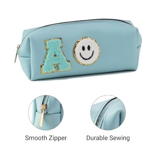 Image of AICA Gifts Personalized Leather Pencil Pouch (Blue) with Embroidered Alphabet & Patch | Pencil Pouch for Kids | Birthday Gift | Birthday Return Gift |Gift for Kids Age 6-10