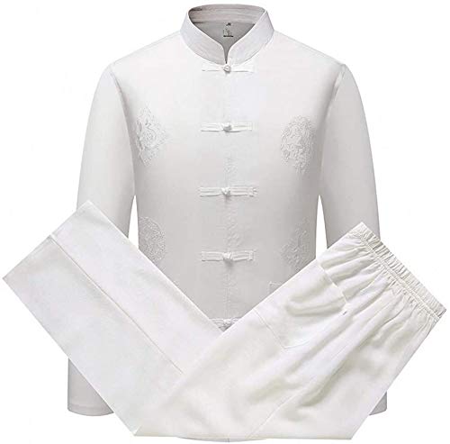 Tai Chi Uniform, Martial Arts Kung Fu Uniform Men's Martial Arts Suit, Chinese Traditional Clothing Tang Suit Kung Fu Suit Comfortable Tangzhuang Long Sleeve Tai Chi Shirt Outfit Uniform (Color : WHI