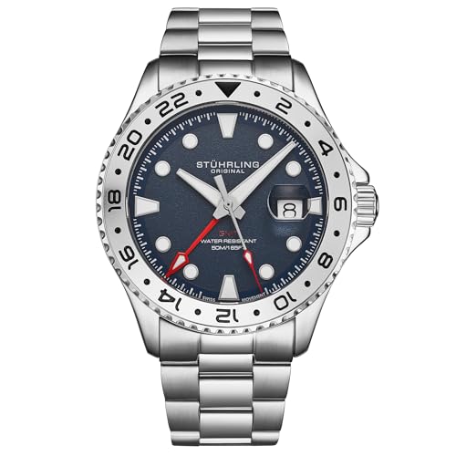 Stuhrling Original Equinox GMT 4077 Mens 43mm Quartz GMT Watch Dual-Time Movement Bi-Directional Bezel Stainless Steel Bracelet