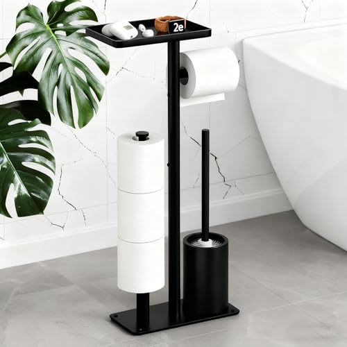 Porte-Papier Toilette sur Pied Acier Inoxydable avec intégrée Ensemble Comprenant Un Support Porte Rouleau Debout en Acier Inoxydable,Toilette et Une boîte Toilette avec Brosse WC(Noir Mat)