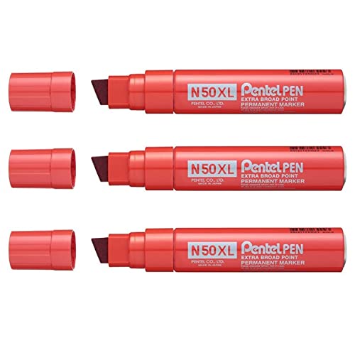 Pentel N50XL Extra Large Broad Permanent Marker - Chisel Tip - Pack of 3 - Red Ink