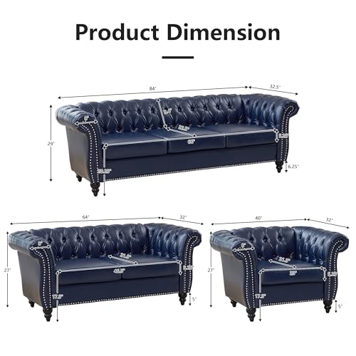 Image of QHITTY 2 Piece Living Room Set, Sectional Chesterfield Sofa Contemporary Upholstered Artificial Leather Loveseat Couch Sets for Living Room, Bedroom, Office (Blue)