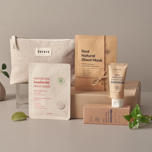 varuza EWG Verified Varuza Ultimate Skincare Essentials - Ultra Moisturizing Cream & Real Natural Sheet Masks 3ea Energizing Kombucha Sheet Mask 3ea with Pouch